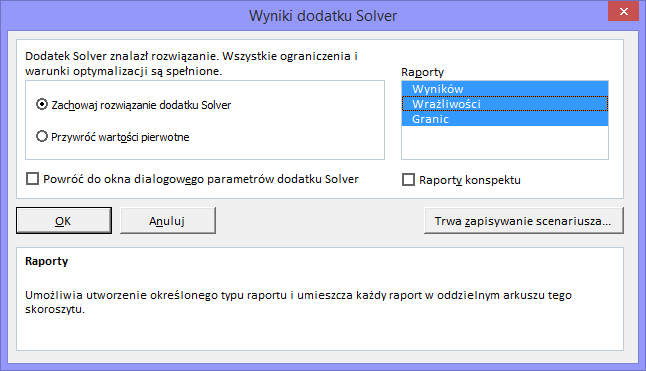 Rysunek 4 - Okno Solver - parametry po zdefiniowaniu warunków 9.