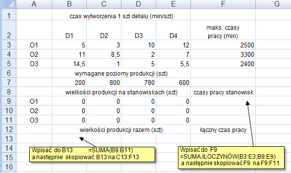 Jak widać sztuki detali wszystkich typów się skracają a zatem cała formuła jest wyrażona w utach. Analogiczne obliczenia można wykonać dla dwóch kolejnych sum iloczynów.