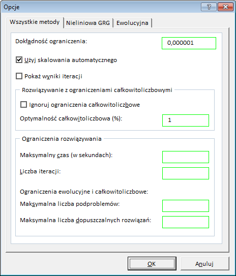 Opcja Solvera Tolerancja i jej wpływ na obliczenia z całkowitoliczbowością zmiennych W przypadku występowania warunków całkowitoliczbowości zmiennych może nastąpić znaczący wzrost czasu trwania