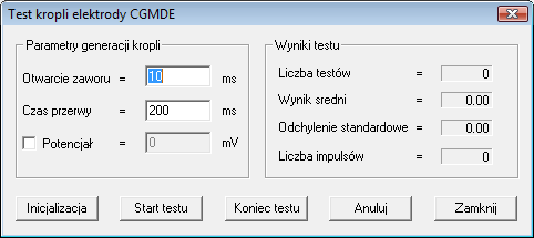 wyzerowanie okienek danych w ramce Wyniki, co pozwala na rozpoczęcie nowej serii testów. Okno dialogowe Test kropli elektrody CGMDE zawiera następujące elementy. Rysunek 3.