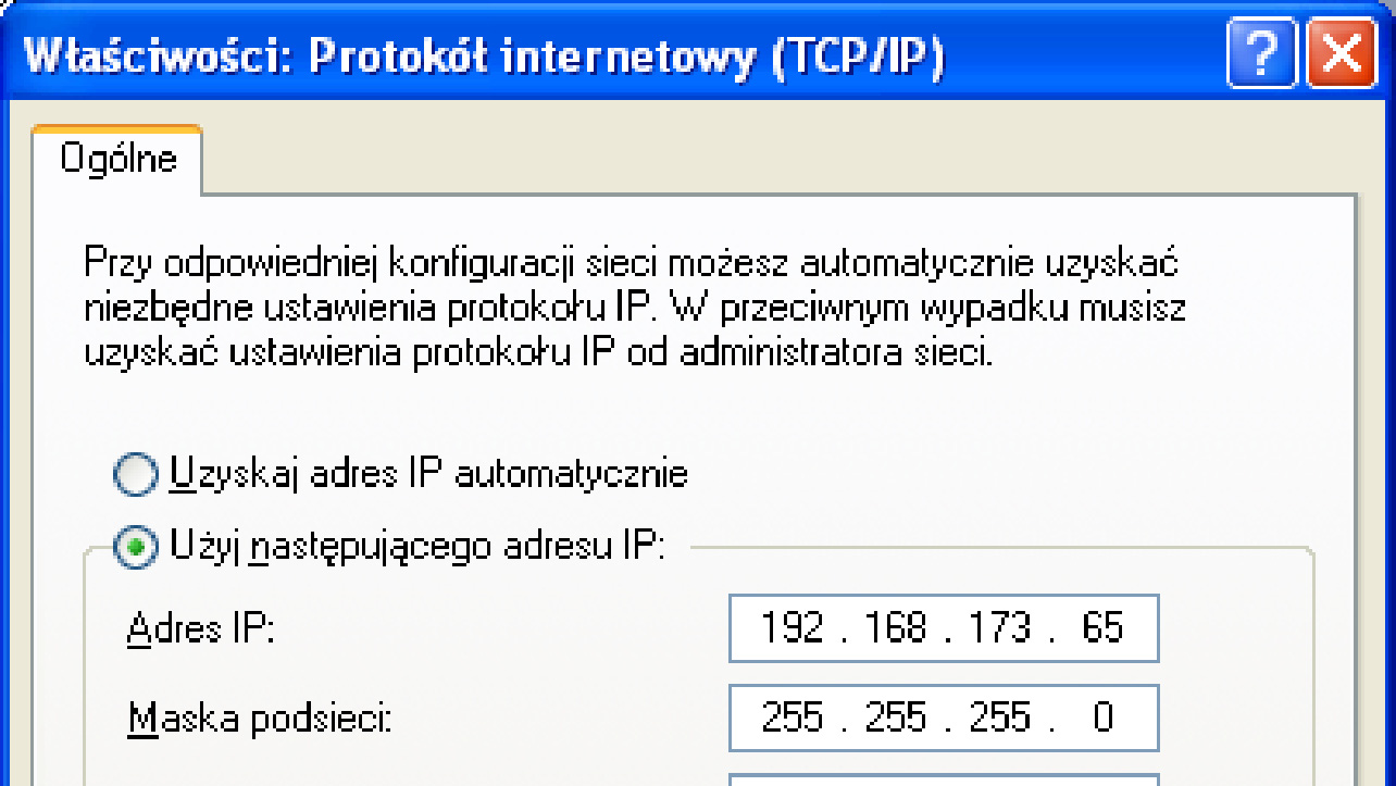 Rysunek 5.6 Okno konfiguracji protokołu internetowego (TCP/IP) Zamknąć kolejne okna poprzez wybór opcji OK lub Zamknij. Zrestartować komputer. UWAGA!