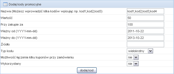 Wpisujemy nazwę kuponu, jego wartośd oraz przy zakupie za jaką kwotę kupon ma obniżad cenę.