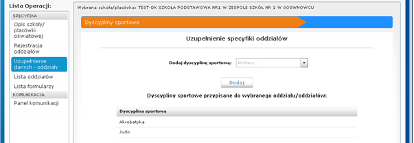 35 Jeśli szkoła zaznaczyła specyfiki dodatkowe w Specyfice szkoły, można je wybrać w Specyfice oddziału