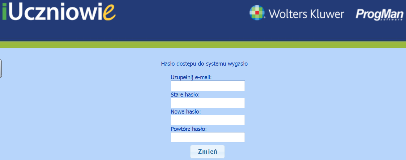 przepisujemy kod widoczny na stronie logowania System poprosi nas natychmiast o zmianę hasła: Rysunek 3. Okno zmiany hasła przy pierwszym logowaniu do systemu.