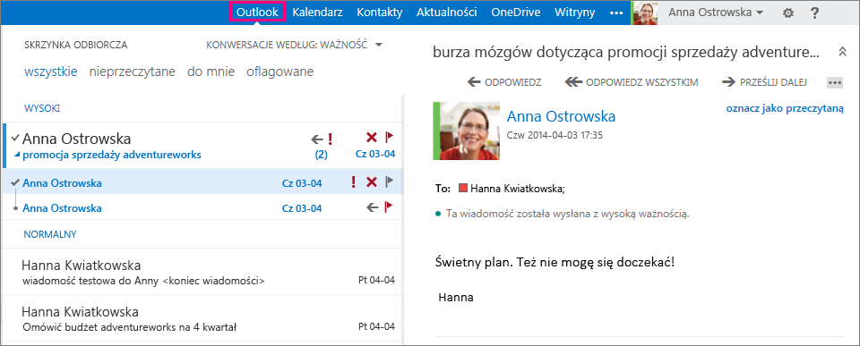 Program Outlook w sieci web Aplikacja Outlook Web App zapewnia dostęp do poczty e-mail, kalendarza i kontaktów.