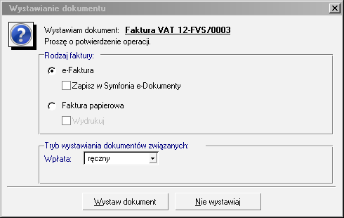 136 Podręcznik użytkownika Faktura Rys. 5-5 Okno Wybór 3. Użytkownik na umowę z serwisem miedzyfirmami.pl: Można wysyłać dokumenty do serwisu lub według ustawień programu.