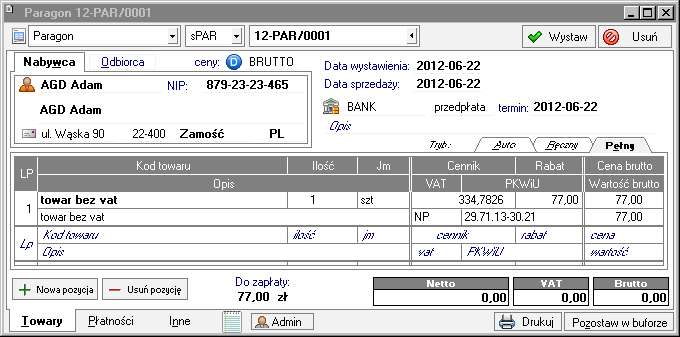 Sprzedaż 147 1. przy wystawianiu nierozliczonego dokumentu - data wejścia do rejestru na zakładce Inne jest pusta, 2.