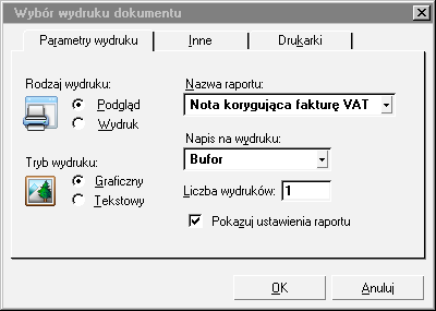 Sprzedaż 151 Rys. 5-12 Wybór raportu nota korygująca. Na podstawie wskazanych przez użytkownika informacji tworzony jest automatycznie dokument noty.
