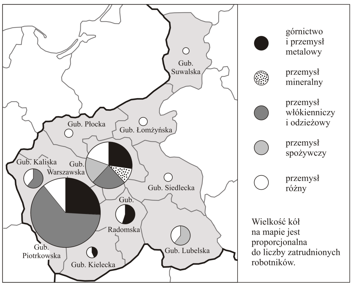 Mapa do zadania 18. Przemysł w Królestwie Polskim ok. 1910 r. Na podstawie: J. Skodlarski, Zarys historii gospodarczej Polski, Warszawa 2007. Zadanie 18.