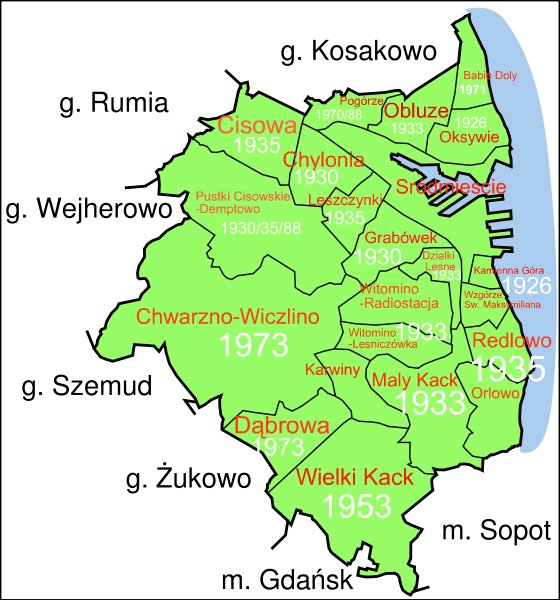 Rycina 2: Dzielnice Gdyni Źródło: www.google.pl/maps Ze względu na położenie geograficzne Gdynia stanowi ważny węzeł komunikacyjny o znaczeniu krajowym i międzynarodowym.