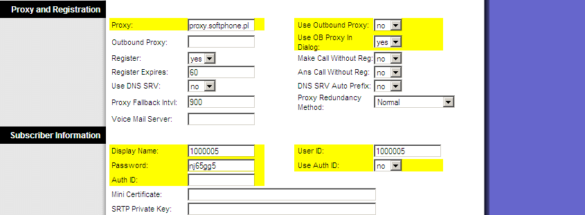 NAT Keep Alive Enable: Yes NAT Mapping Enable: Yes Proxy: proxy.softphone.