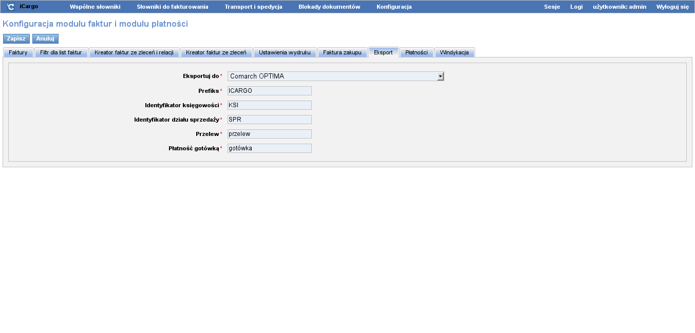 10 Dodatki 10.1 Współpraca z Comarch ERP Optima 10.1.1 Konfiguracja icargo Konfiguracji w icargo, do współpracy z CDN ERP Optima, dokonujemy po przejściu w tryb zarządzania Wybierając opcję z menu
