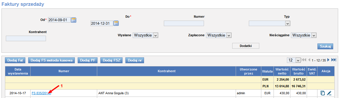 12.18 Odczytywanie przypisanych numerów zleceń/relacji na fakturach 12.18.1 Odczytywanie numeru zlecenia w fakturach sprzedaży W module Faktury (Rys. 260, poz. 1) wchodzimy w Faktury sprzedaży (Rys.
