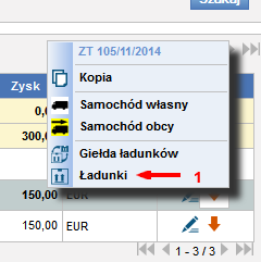 Rys. 272 Wyświetlenie listy ładunków 12.20 Wystawienie zlecenia i relacji w różnych walutach 12.20.1 Zlecenie w PLN, relacja w EUR w Spedycji 1:1 Dodawać będziemy zlecenie z przychodem 3450 PLN, a relacja wystawiona będzie z kosztem 20 EUR.