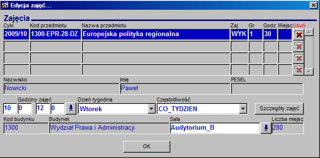 W ramach siatki otrzymujemy następujące możliwości: dwukrotne kliknięcie pozwala zaplanować zajęcia w wybranym w siatce terminie, w otwartym oknie w zależności od wybranego kontekstu formularza