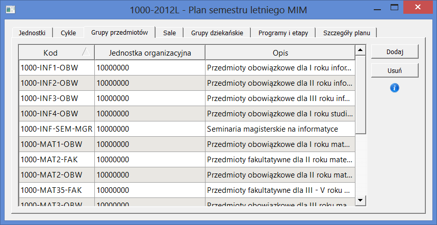 3.2 Parametry planu roboczego ROZDZIAŁ 3. PLANY STUDIÓW Rysunek 3.2: Zakładka Cykle Rysunek 3.