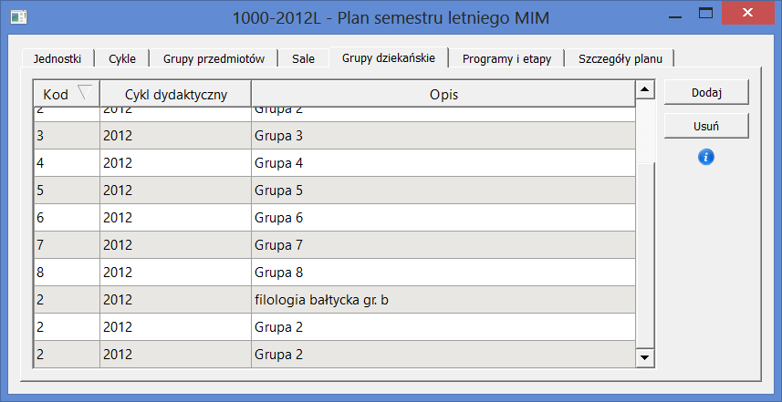 3.2 Parametry planu roboczego ROZDZIAŁ 3. PLANY STUDIÓW Rysunek 3.4: Zakładka Sale Rysunek 3.5: Zakładka Grupy dziekańskie trach Planisty 3 (np. na siatce grup zajęciowych p. rozdz. 4).