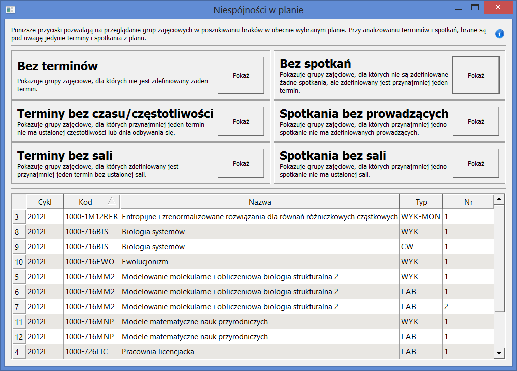 5.7 Wydarzenia z SRS ROZDZIAŁ 5. FUNKCJE I NARZĘDZIA Spotkania bez prowadzących grupy zajęciowe, dla których przynajmniej jedno spotkanie nie ma ustalonego prowadzącego.