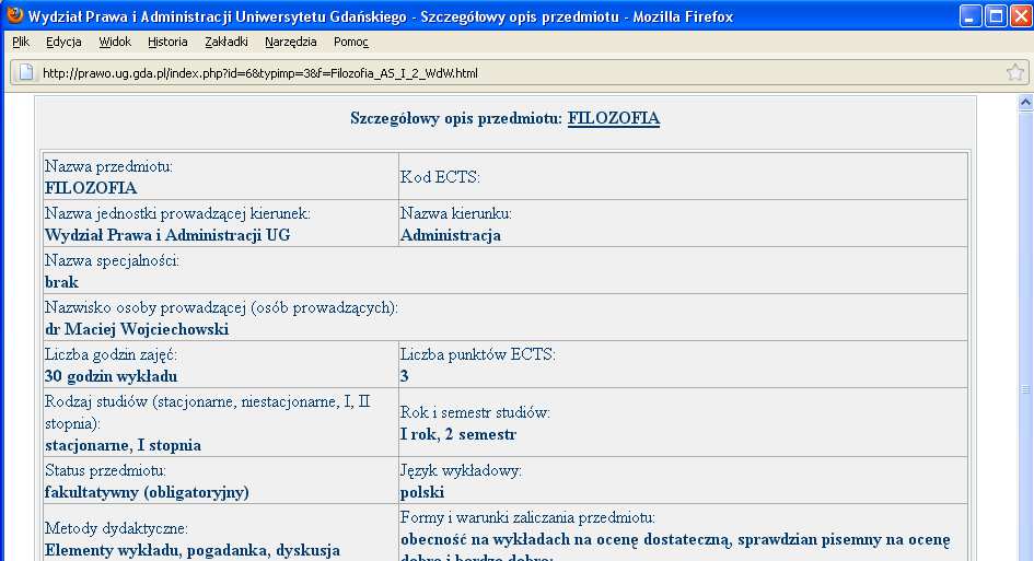 po najechaniu na odpowiedni wykład/seminarium i kliknięciu w niego pojawi się opis zajęć: Opisy przedmiotów można zobaczyć