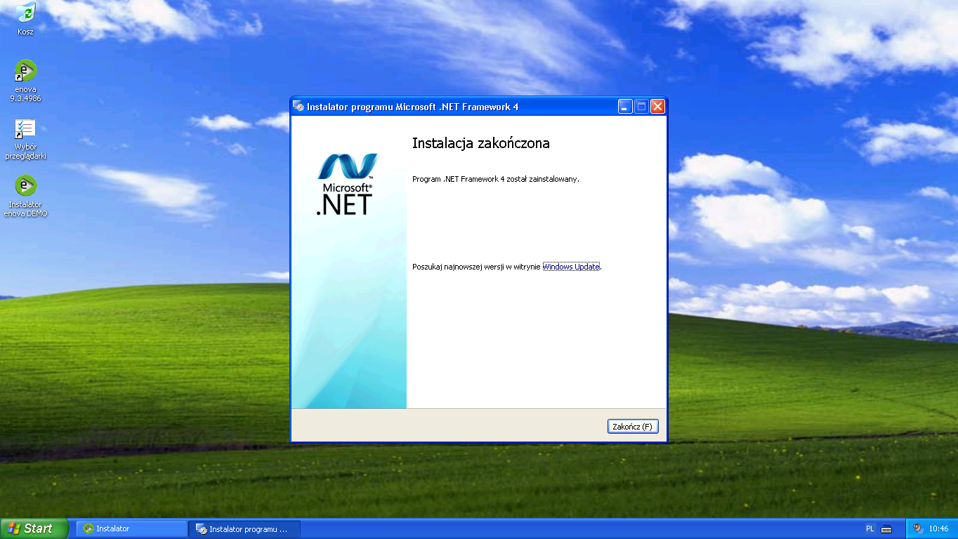 Rozpocznie się proces instalacji pakietu.net Koniec instalacji pakietu.net należy potwierdzić przyciskiem Zakończ.
