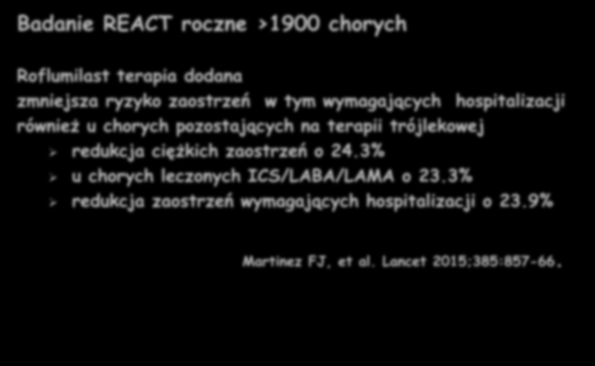 Roflumilast- ciężkie POChP Badanie REACT roczne >1900 chorych Roflumilast terapia dodana zmniejsza ryzyko zaostrzeń w tym wymagających hospitalizacji również u chorych pozostających na