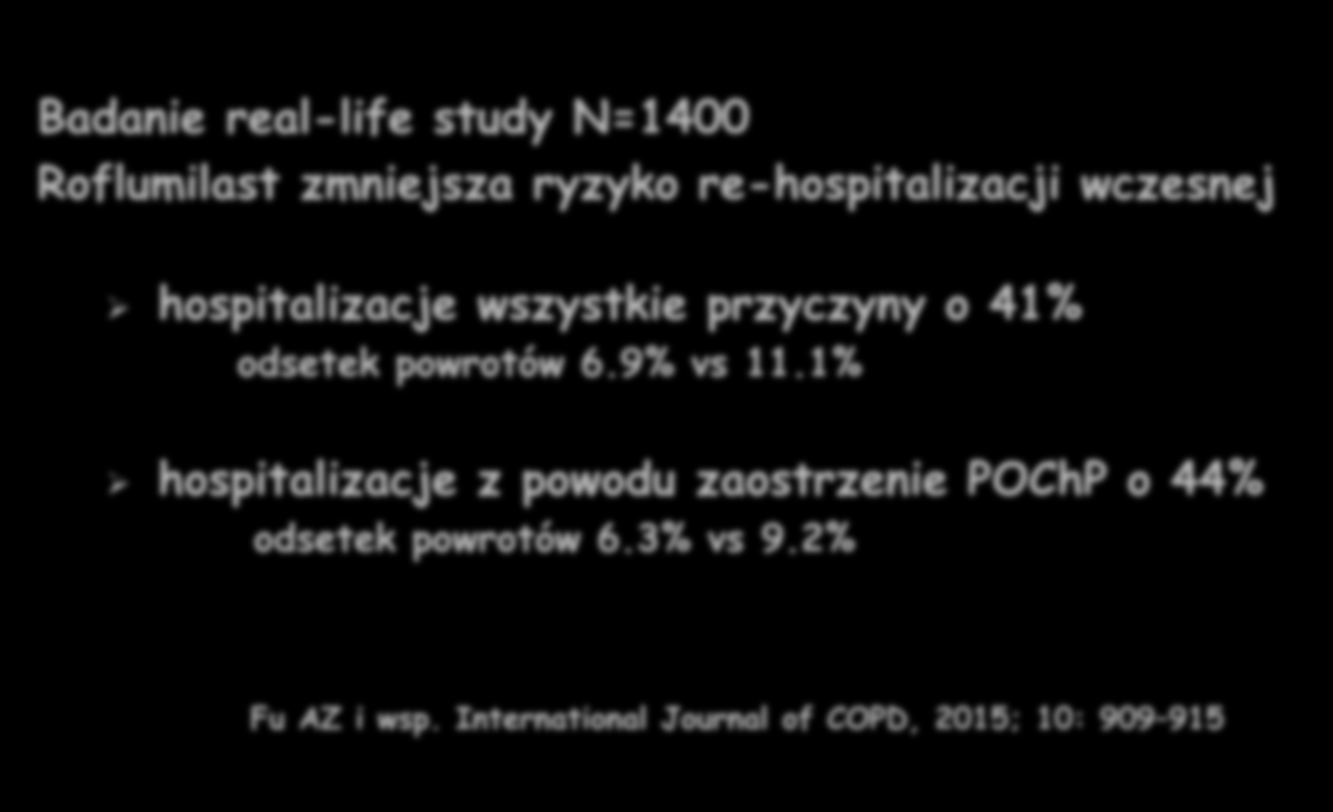 Roflumilast- ciężkie POChP Badanie real-life study N=1400 Roflumilast zmniejsza ryzyko re-hospitalizacji wczesnej hospitalizacje wszystkie przyczyny o 41% odsetek