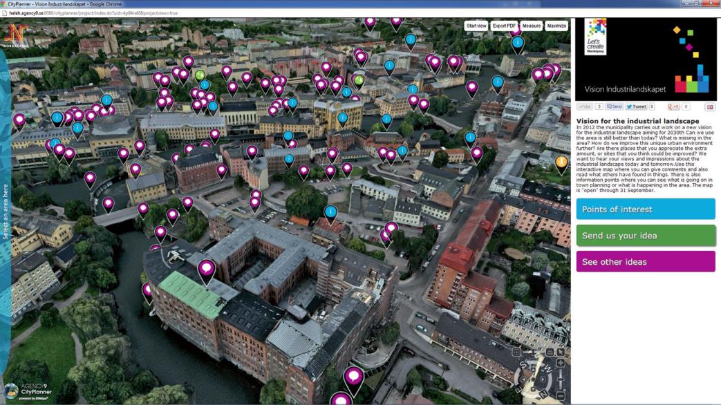 obiekty 3D takie jak budynki oraz ortofotomapę; Interfejs oprogramowania CityPlanner. Źródło: www.