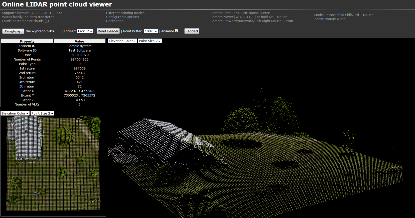 Aplikacje on-line (4) Online LIDAR point cloud viewer bezpłatna przeglądarka online chmury punktów; widok 2D, 3D oraz tworzenie przekrojów; dane nie są