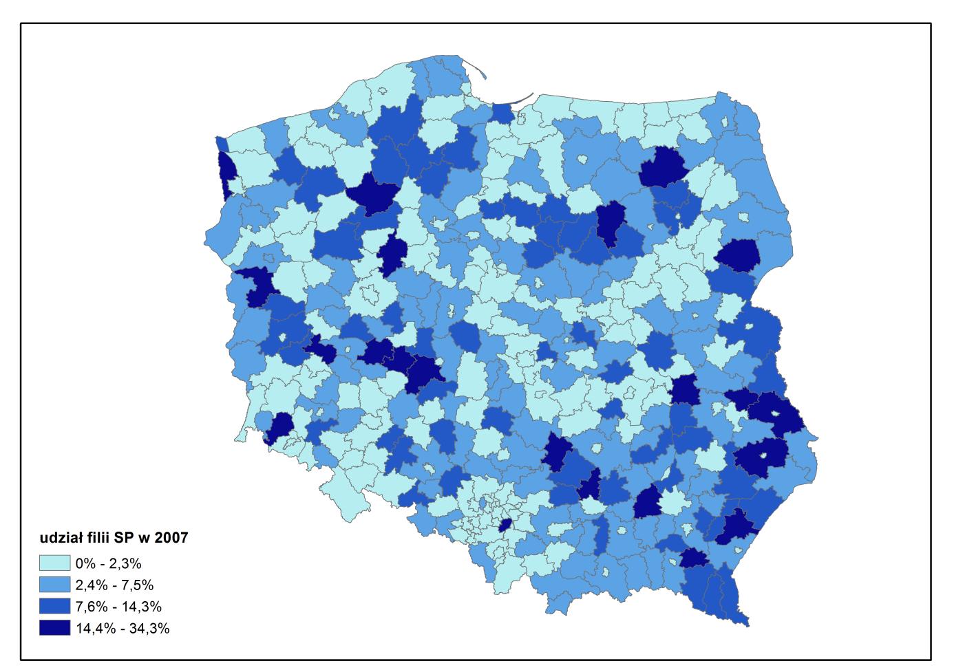 Mapa 6. Udział filii wśród szkół podstawowych ogółem w roku szkolnym 2007/08 Rozkład szkół podstawowych według złożoności zależy także od typu gminy, co pokazuje Rys.