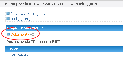 Usuwanie grupy (strony tekstowej) Usuwanie następuje po kliknięciu w ikonę Usuń. UWAGA! Jeśli w grupie znajdują się dokumenty wraz z plikami do pobrania one również zostaną usunięte!