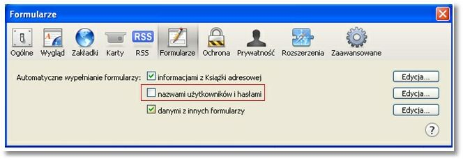 Rozdział 16 Konf iguracja przeglądarki Saf ari 5.1.7 W celu wyłączenia zapamiętywania haseł należy na zakładce Formularze odznaczyć pozycję nazwami użytkowników i hasłami.