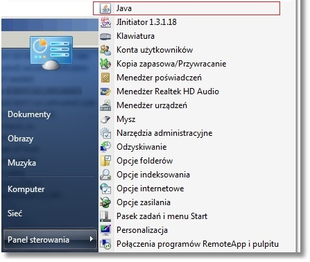 Rozdział 18 Dodatkowa konf iguracja Javy w wersji 1.7.0 Rozdział 18. Dodatkowa konfiguracja Javy w wersji 1.7.0 Z menu podręcznego dostępnego pod przyciskiem [Start] należy wybrać opcję Panel sterowania -> Java (dla widoku ikon).