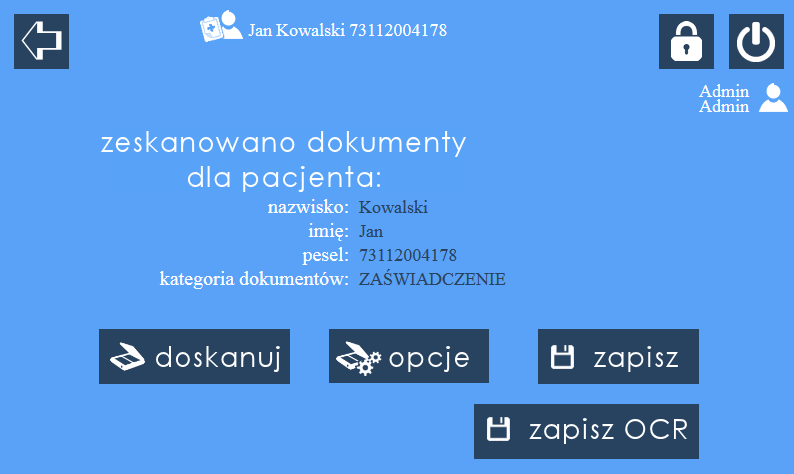 c) Należy wybrać znalezionego pacjenta przycisk wybierz, następnie wskazać rodzaj skanowanej dokumentacji. d) Podać niezbędne parametry dla wybranej dokumentacji.