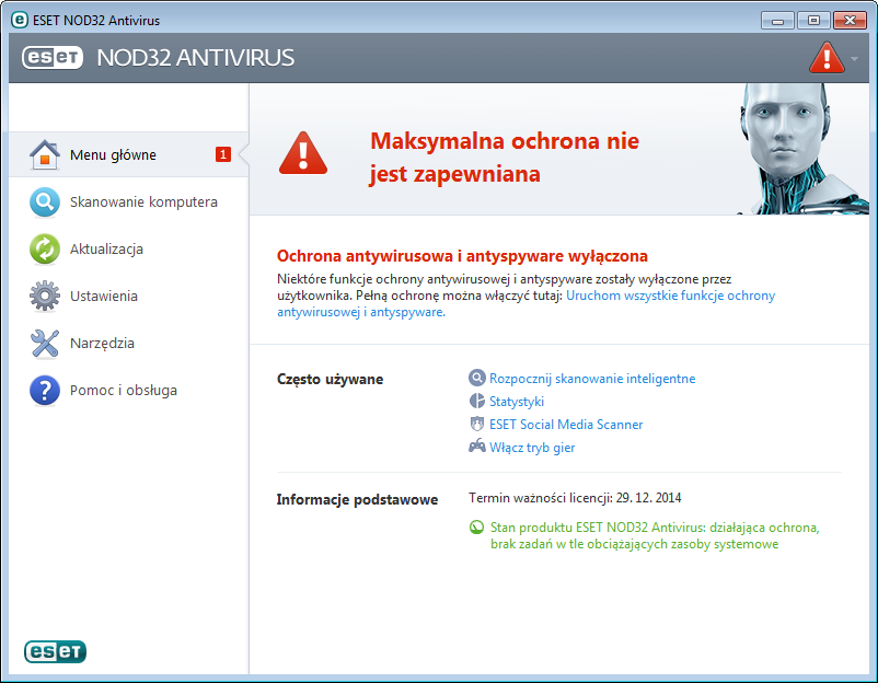 Postępowanie w przypadku, gdy program nie działa poprawnie Jeśli włączone moduły działają poprawnie, ikona stanu ochrony jest zielona.