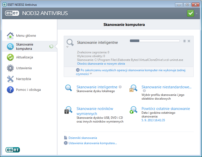 administrator. 4.1.1.2.2 Postęp skanowania W oknie postępu skanowania wyświetlany jest bieżący stan skanowania oraz informacje dotyczące liczby znalezionych plików zawierających złośliwy kod.