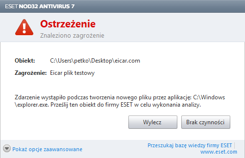Leczenie i usuwanie Jeżeli nie określono wstępnie czynności do wykonania przez moduł ochrony plików w czasie rzeczywistym, pojawi się okno alertu z monitem o wybranie opcji.