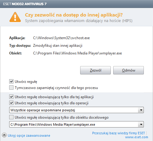Jeżeli wybrano Pytaj jako działanie domyślne, za każdym razem przy uruchomieniu operacji ESET NOD32 Antivirus wyświetli okno dialogowe. Można wybrać Odmów lub Zezwól.