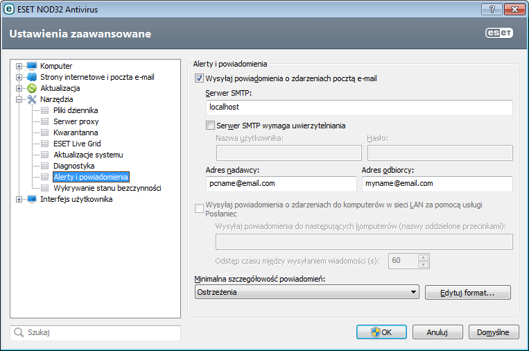 4.4.10 Alerty i powiadomienia Program ESET NOD32 Antivirus obsługuje wysyłanie wiadomości e-mail po wystąpieniu zdarzenia o wybranym poziomie szczegółowości.