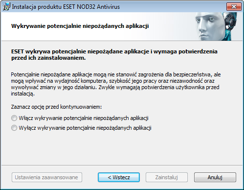 Kolejnym krokiem procesu instalacji jest skonfigurowanie wykrywania potencjalnie niepożądanych aplikacji.