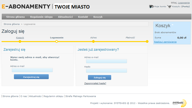 B. Logowanie Ze strony głównej można przejść do zalogowania się do sklepu lub zarejestrowania, gdy klient dokonuje zakupu abonamentu po raz pierwszy.
