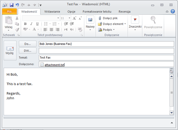 Zrzut ekranu 3: Wysyłanie faksów z programu Microsoft Outlook Ważne uwagi: 1. Ta metoda transmisji umożliwia konwertowanie faksów do formatu (*.fax) na serwerze GFI FaxMaker.