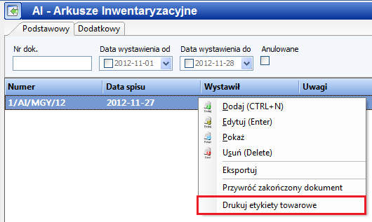 ver. 2.7.7 2013-12-10 Strona 11 2.2.4 Spis stanów magazynowych za pomocą etykiet inwentaryzacyjnych Dzięki funkcji drukowania etykiet dla kartotek towarowych istnieje możliwość przeprowadzenia spisu z ich wykorzystaniem.