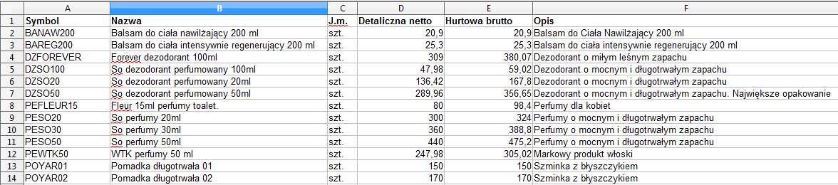 Import Towarów XLS dla Subiekta GT Instrukcja obsługi Poniżej znajduje się zrzut ekranu z przykładowego pliku.xls.