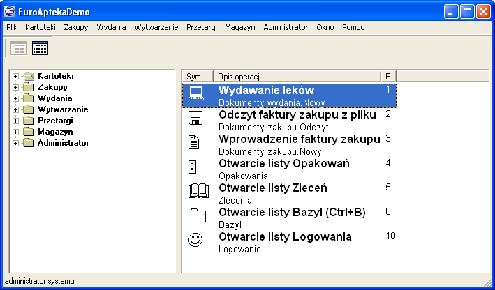 1. Apteka Centralna Po uruchomieniu programu EuroSoft Apteka w wersji szpitalnej otworzy się okno główne aplikacji: Program został podzielony na moduły wg ich funkcjonalności.