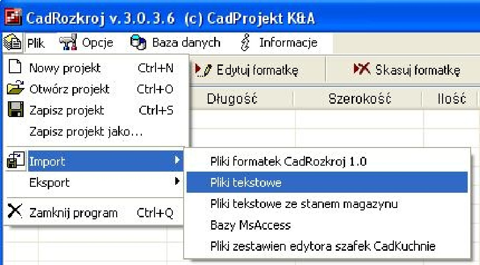 Rys. 77 - format wprowadzania danych o formatkach Dane należy wprowadzić w następującej kolejności : nazwa formatki długość szerokość
