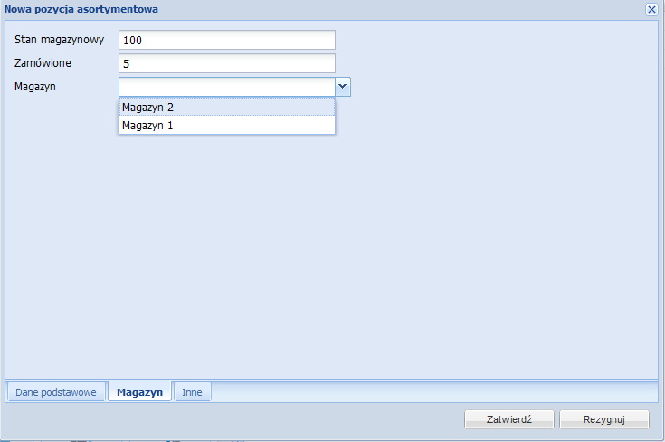 Rysunek 10 Zakładka Dane podstawowe wybór magazynu i definiowanie jego stanu STAN MAGAZYNOWY ilość dostępnego na danym magazynie asortymentu ZAMÓWIONE ilość zamówionego zarezerwowanego asortymentu.
