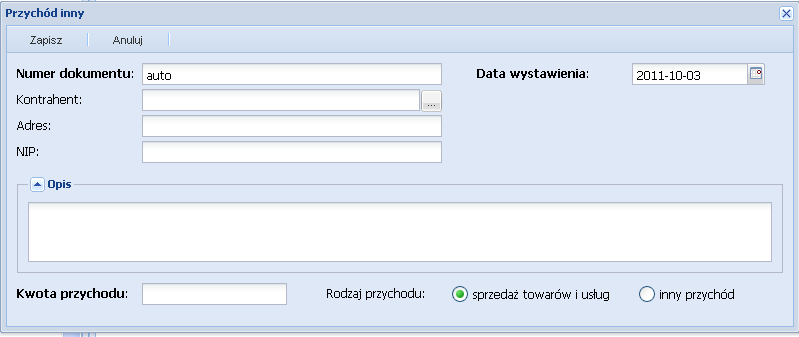 Rysunek 15 Zakładka Przychody inne z listą dokumentów 3.1.2.