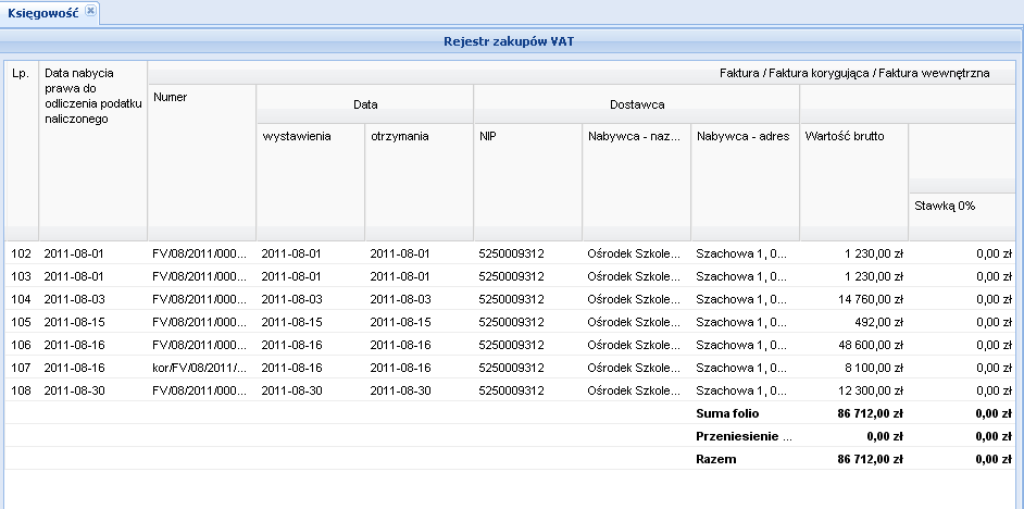 Rysunek 74 Podgląd wydruku przykładowego Rejestru sprzedaży VAT za okres miesiąca 5.1.4 Rejestr zakupów VAT 5.1.4.1 Generowanie i podgląd Rejestru zakupów VAT Przebieg: 1.