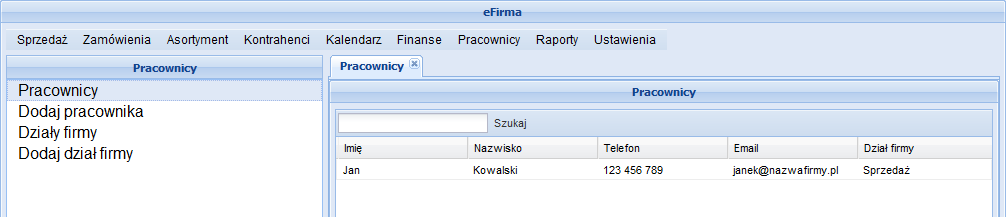 Rysunek 94 Dodawanie nowego działu firmy 6.1.3 Pracownicy W oknie głównym zakładki PRACOWNICY można gromadzić dane pracowników.