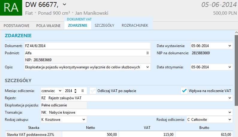 Dla pojazdów z pełnym odliczeniem VATu powstaje powiązany zapis w ewidencji VAT zakupu, dla którego ustawiane jest Pełne odliczenie podatku związanego z eksploatacją pojazdu.